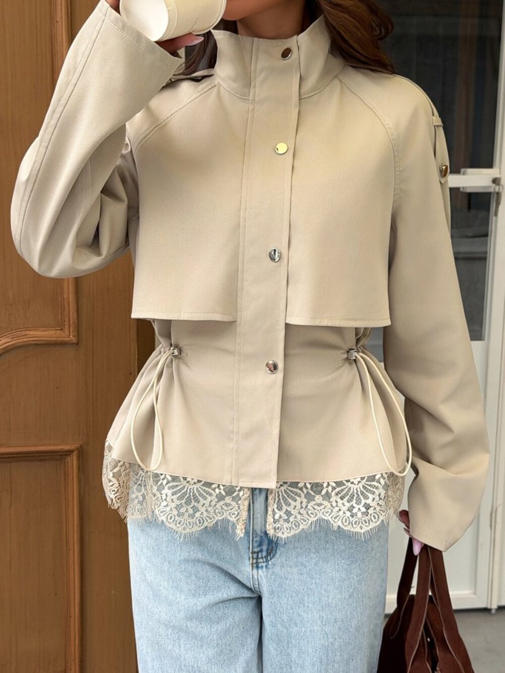 Apricot Casual Women's Chic Funnel Neck Short Trench Coat
